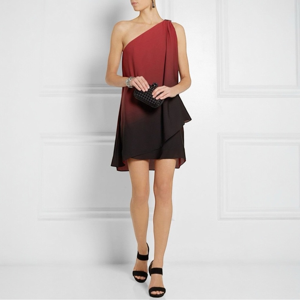 HALSTON HERITAGE Women's Chiffon Red Black Ombre One-Shoulder Cocktail Dress‎ S